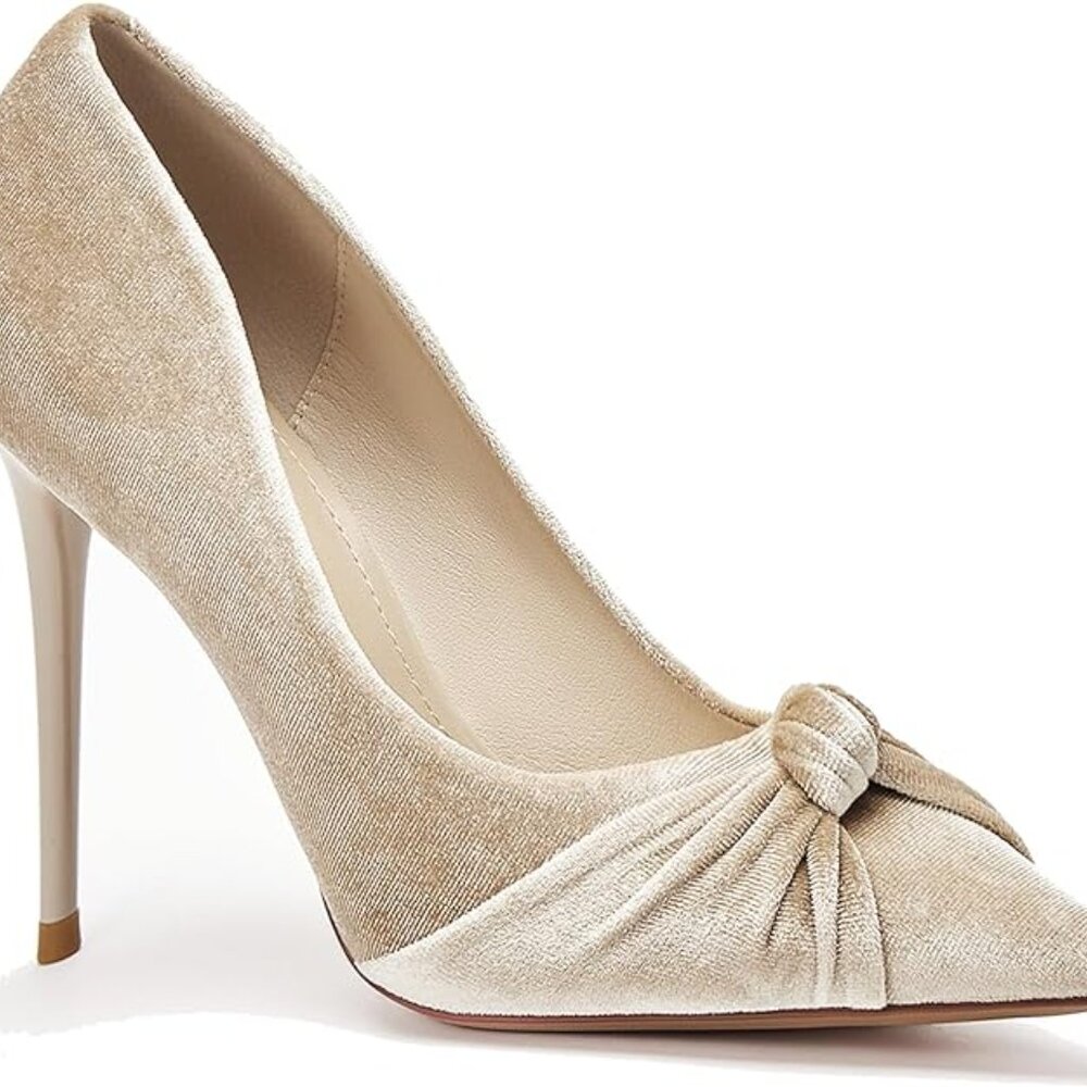 Sz 6.5 Tan Velvet High Heels for Women w/ Twist Bow Knot Stiletto Shoes Stylewe - Picture 3 of 7